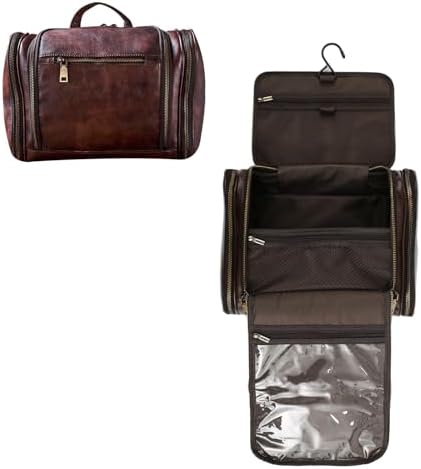 Toiletry Bag for Men Women with Hanging Hook,Full Grain Leather Handcrafted Vintage Travel Dopp Kit,Leather Toiletry Cosmetic Pouch,Large Shaving Bag DarkBrown